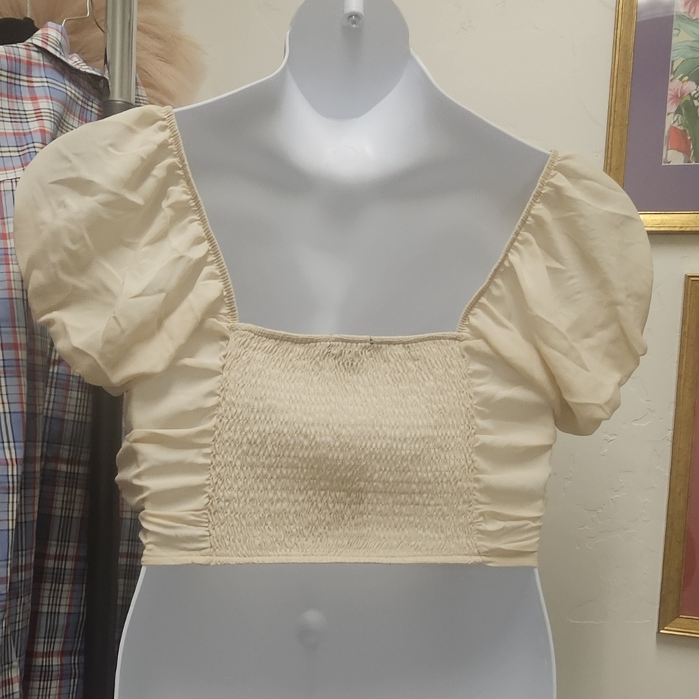 Beige Forever 21 Smocked Crop Top - Size Small - Picture 2 of 5